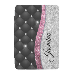 Chic girly faux Silver glitter black pink monogram iPad Mini Cover