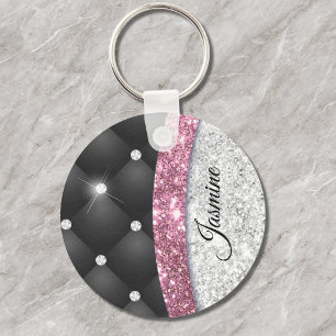 Chic girly faux Silver glitter black pink monogram Key Ring