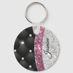 Chic girly faux Silver glitter black pink monogram Key Ring
