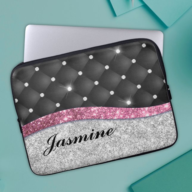 Chic girly faux Silver glitter black pink monogram Laptop Sleeve (Creator Uploaded)