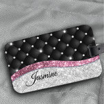 Chic girly faux Silver glitter black pink monogram Luggage Tag<br><div class="desc">Pretty chic and elegant girly faux silver glitter and rhinestones bling with black tuffted design for the trend-savvy and art-loving hip trendsetter. This stylish sophisticated design would be great for girls who enjoy classy sparkly designs. Show off your personal style, look fashionable, trendy and feel stylish with a unique design...</div>