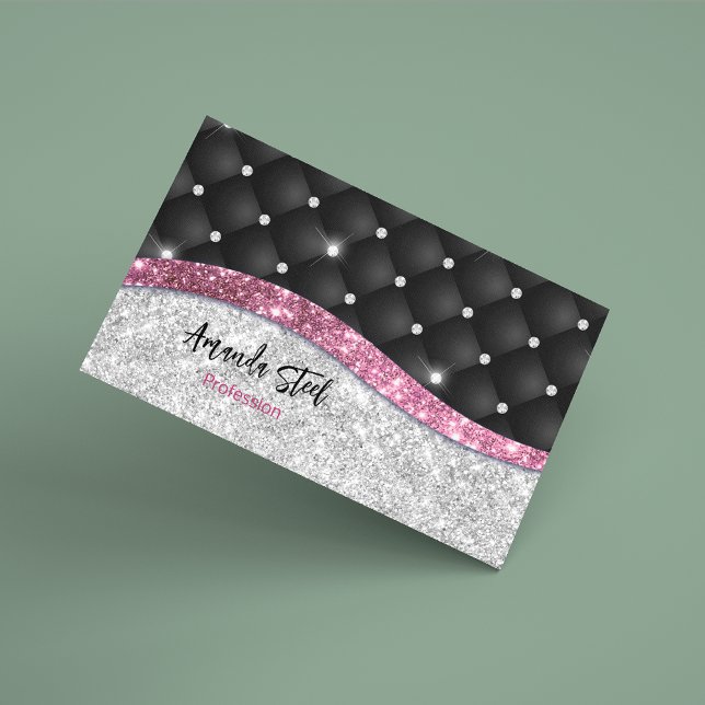 Chic girly faux Silver glitter black pink monogram Magnetic Business Card (Creator Uploaded)