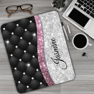 Chic girly faux Silver glitter black pink monogram Mouse Mat