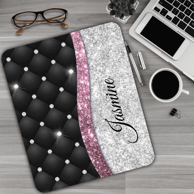 Chic girly faux Silver glitter black pink monogram Mouse Mat (Creator Uploaded)