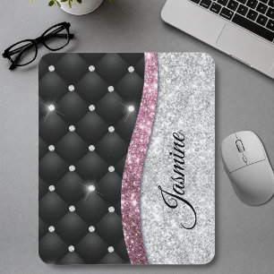 Chic girly faux Silver glitter black pink monogram Mouse Mat