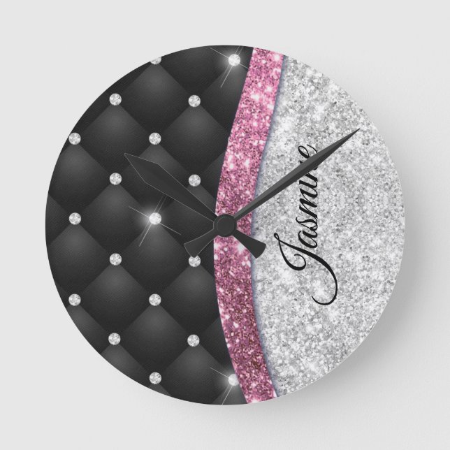 Chic girly faux Silver glitter black pink monogram Round Clock (Front)