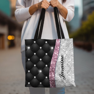 Chic girly faux Silver glitter black pink monogram Tote Bag
