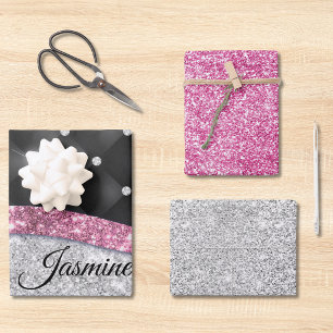 Chic girly faux Silver glitter black pink monogram Wrapping Paper Sheet
