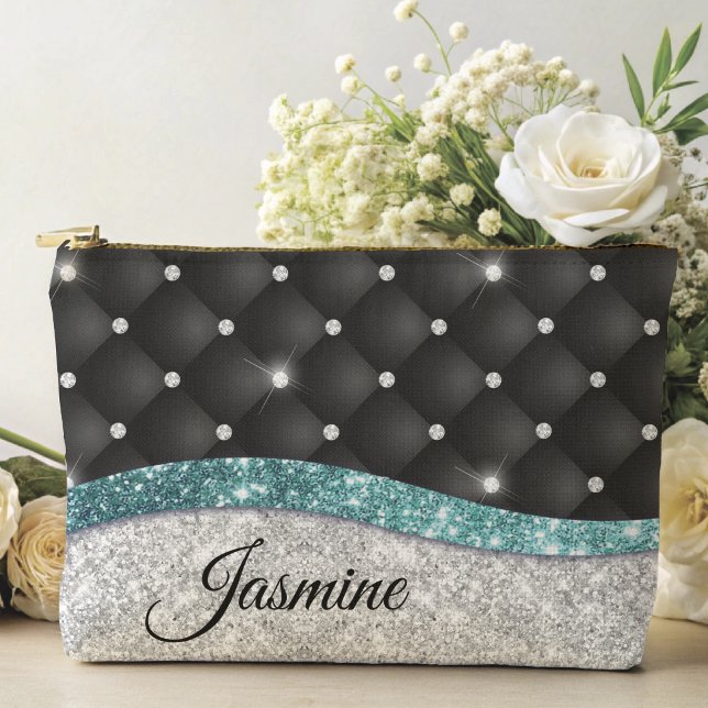 Chic girly faux Silver glitter black teal monogram Accessory Pouch (Creator Uploaded)