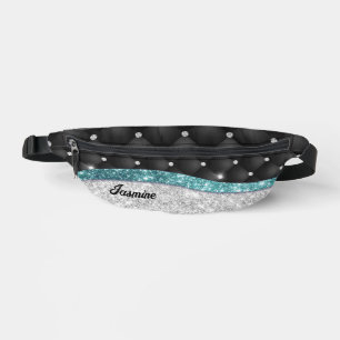 Chic girly faux Silver glitter black teal monogram Bum Bags