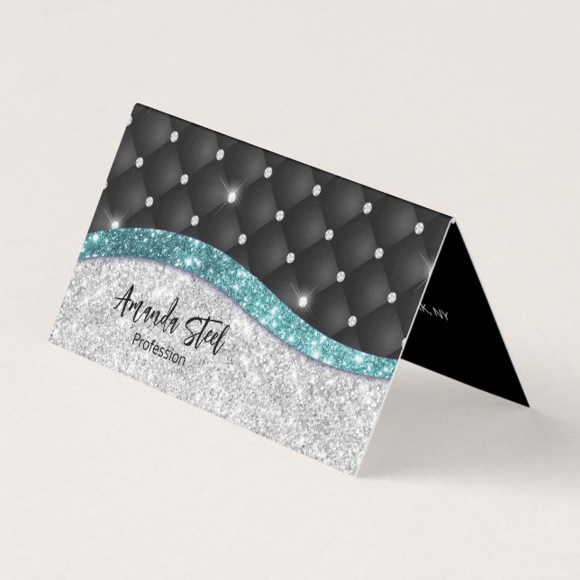 Chic girly faux Silver glitter black teal monogram Business Card (Front)