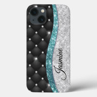 Chic girly faux Silver glitter black teal monogram