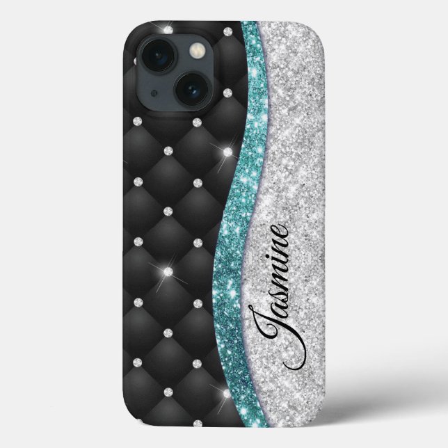 Chic girly faux Silver glitter black teal monogram Case-Mate iPhone Case (Back)