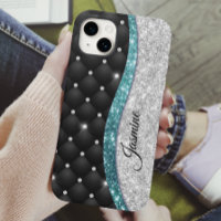 Chic girly faux Silver glitter black teal monogram
