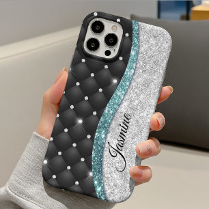 Chic girly faux Silver glitter black teal monogram iPhone 13 Case