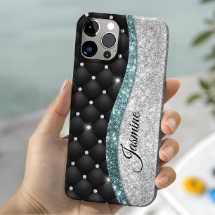 Chic girly faux Silver glitter black teal monogram iPhone 13 Case