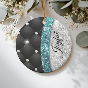 Chic girly faux Silver glitter black teal monogram Ceramic Tree Decoration