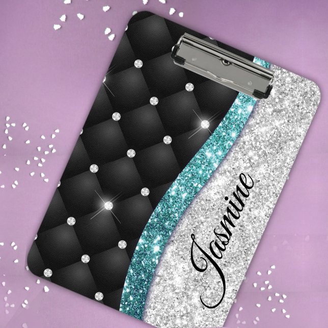 Chic girly faux Silver glitter black teal monogram Clipboard (Creator Uploaded)