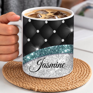 Chic girly faux Silver glitter black teal monogram Coffee Mug