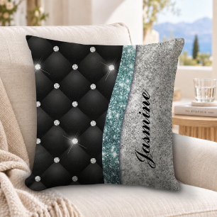 Chic girly faux Silver glitter black teal monogram Cushion