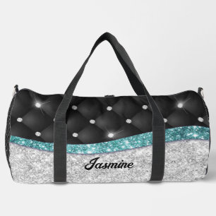 Chic girly faux Silver glitter black teal monogram Duffle Bag