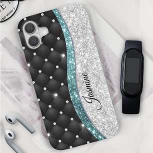 Chic girly faux Silver glitter black teal monogram iPhone 16 Case