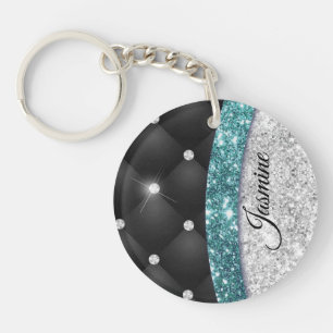 Chic girly faux Silver glitter black teal monogram Key Ring