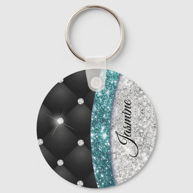 Chic girly faux Silver glitter black teal monogram Key Ring (Front)