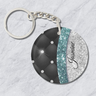Chic girly faux Silver glitter black teal monogram Key Ring