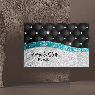 Chic girly faux Silver glitter black teal monogram Magnetic Business Card