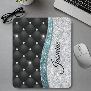 Chic girly faux Silver glitter black teal monogram Mouse Mat