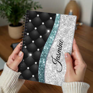 Chic girly faux Silver glitter black teal monogram Notebook