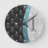 Chic girly faux Silver glitter black teal monogram