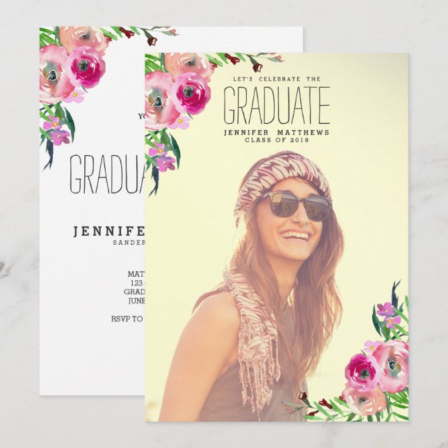 Chic Girly Floral Photo Graduation Party Invite (Front/Back)