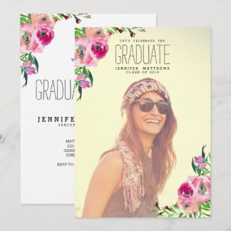 Chic Girly Floral Photo Graduation Party Invite
