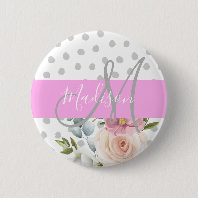 Chic & Girly Floral White Pink Gray Monogram Name 6 Cm Round Badge (Front)