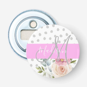 Chic & Girly Floral White Pink Gray Monogram Name Bottle Opener