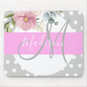 Chic & Girly Floral White Pink Gray Monogram Name Mouse Mat