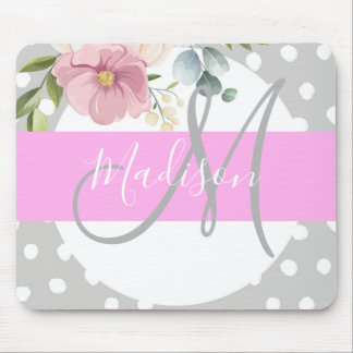Chic & Girly Floral White Pink Gray Monogram Name Mouse Mat