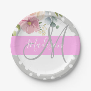 Chic & Girly Floral White Pink Gray Monogram Name Paper Plate
