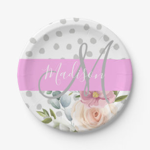Chic & Girly Floral White Pink Gray Monogram Name Paper Plate