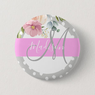 Chic & Girly Floral White Pink Grey Monogram Name 6 Cm Round Badge