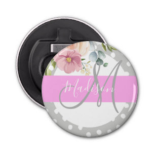 Chic & Girly Floral White Pink Grey Monogram Name Bottle Opener