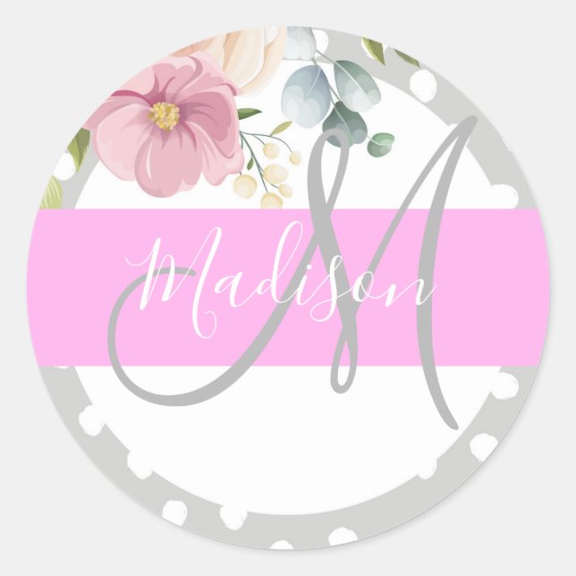 Chic & Girly Floral White Pink Grey Monogram Name Classic Round Sticker (Front)
