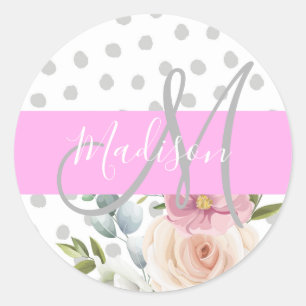 Chic & Girly Floral White Pink Grey Monogram Name Classic Round Sticker
