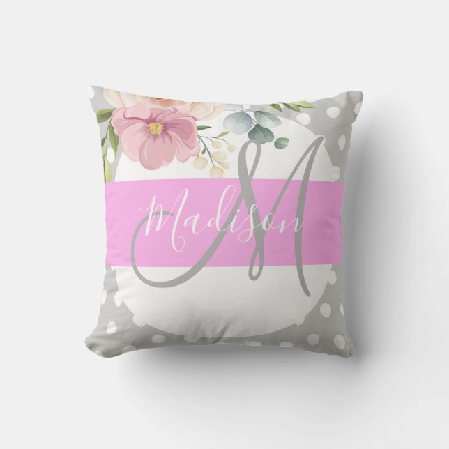 Chic & Girly Floral White Pink Grey Monogram Name Cushion (Front)