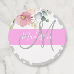 Chic & Girly Floral White Pink Grey Monogram Name Favour Tags