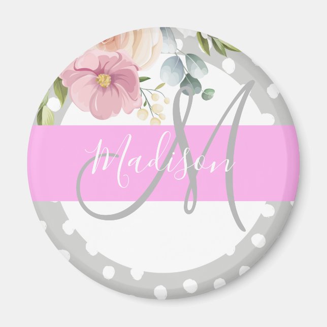Chic & Girly Floral White Pink Grey Monogram Name Magnet (Front)