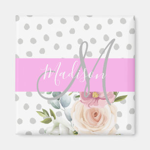 Chic & Girly Floral White Pink Grey Monogram Name Magnet