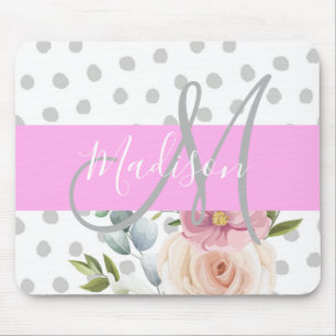 Chic & Girly Floral White Pink Grey Monogram Name Mouse Mat